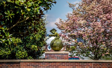The globe statue in front of the education building. 
